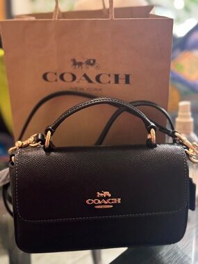 Coach Black Leather Top Handle Crossbody with Gold Hardware